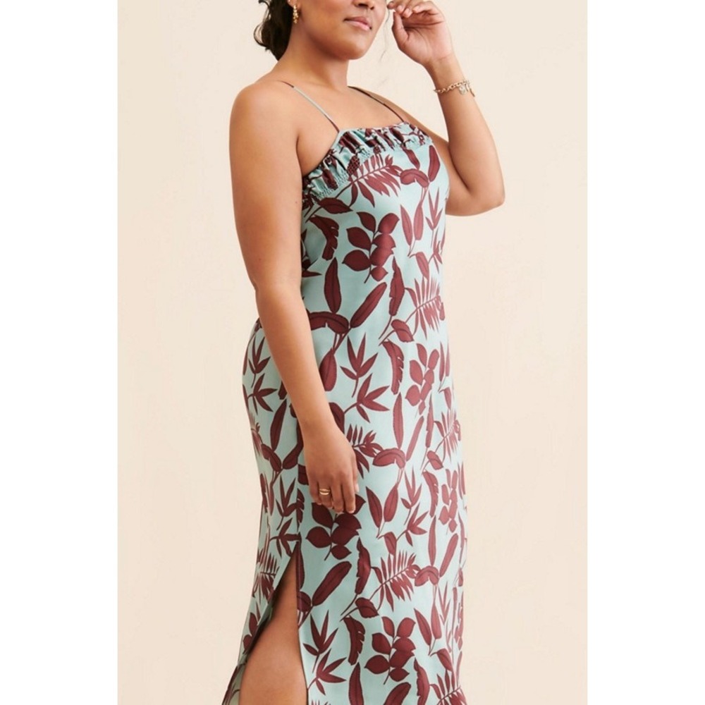 Anthropologie Maxi Slip Dress Size 1X Mint Green Brown Botanical Satin Leg Slit - Picture 3 of 14